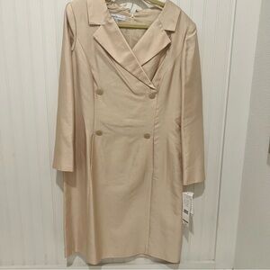 Dupioni Silk Cream Double-Breasted Dress 14 Long Sleeve Knee Length NWT